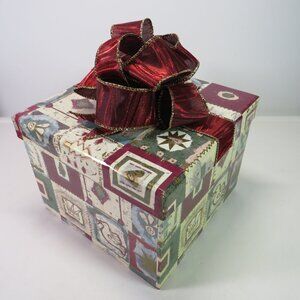 Jewel tone red & green gift box w burgundy wired ribbon bow